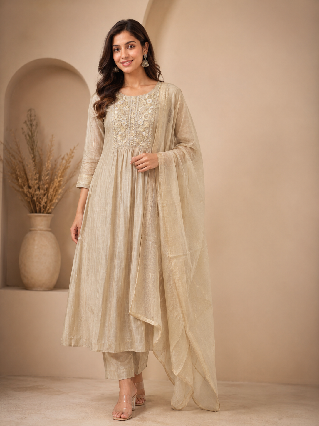 Champagne Beige Chanderi A-Line Embroidered Suit Set with Dupatta